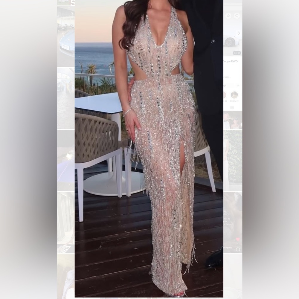 Albina Dyla mesh beaded sequin Backless halter Silver gown dress crystals